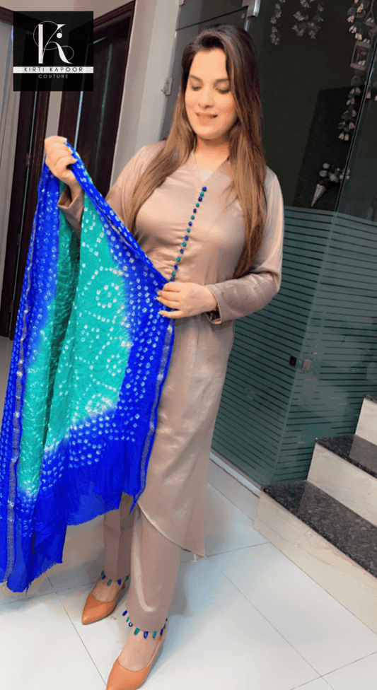 Elephant Gray Suit with Bandhani Dupatta - Kirti Kapoor Couture