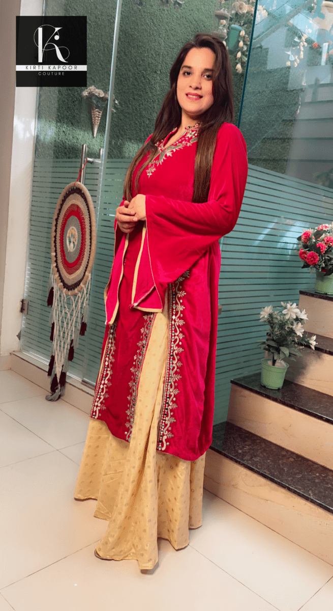 Embroidered Hot - Pink shirt with Brocade Skirt - Kirti Kapoor Couture