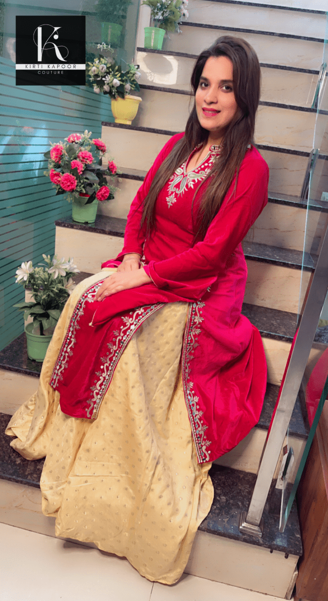 Embroidered Hot - Pink shirt with Brocade Skirt - Kirti Kapoor Couture