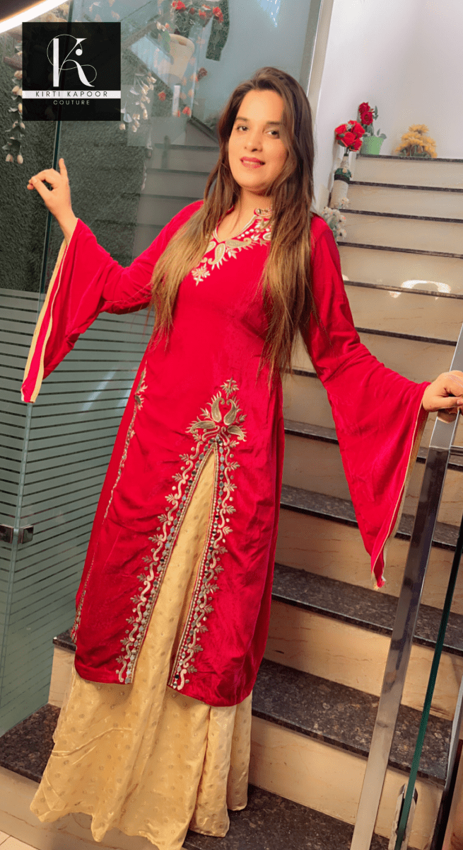 Embroidered Hot - Pink shirt with Brocade Skirt - Kirti Kapoor Couture