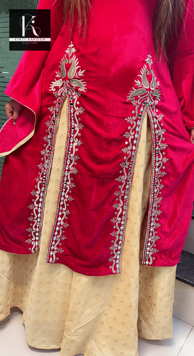 Embroidered Hot - Pink shirt with Brocade Skirt - Kirti Kapoor Couture