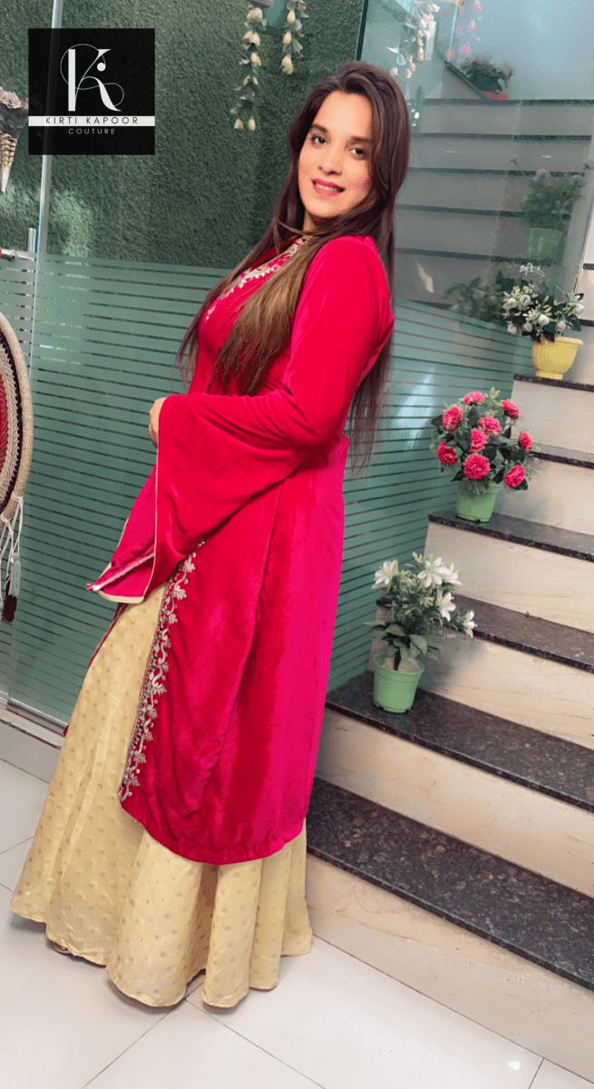 Embroidered Hot - Pink shirt with Brocade Skirt - Kirti Kapoor Couture