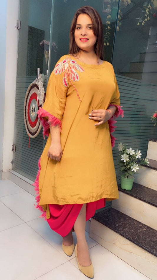 Embroidered Mustard Kaftan with Designer Dhoti - Kirti Kapoor Couture