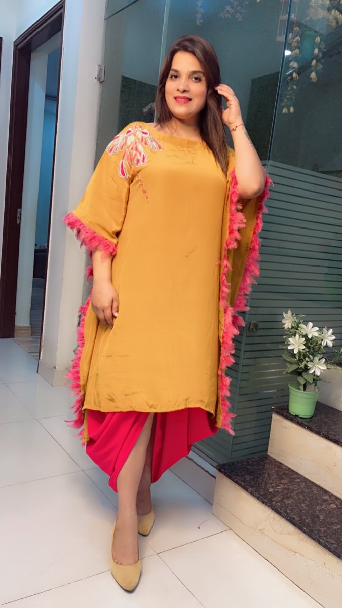 Embroidered Mustard Kaftan with Designer Dhoti - Kirti Kapoor Couture