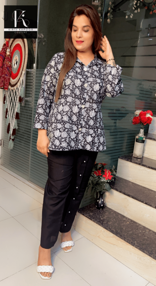 Floral Printed Shirt with Pearl - Worked Pant - Kirti Kapoor Couture