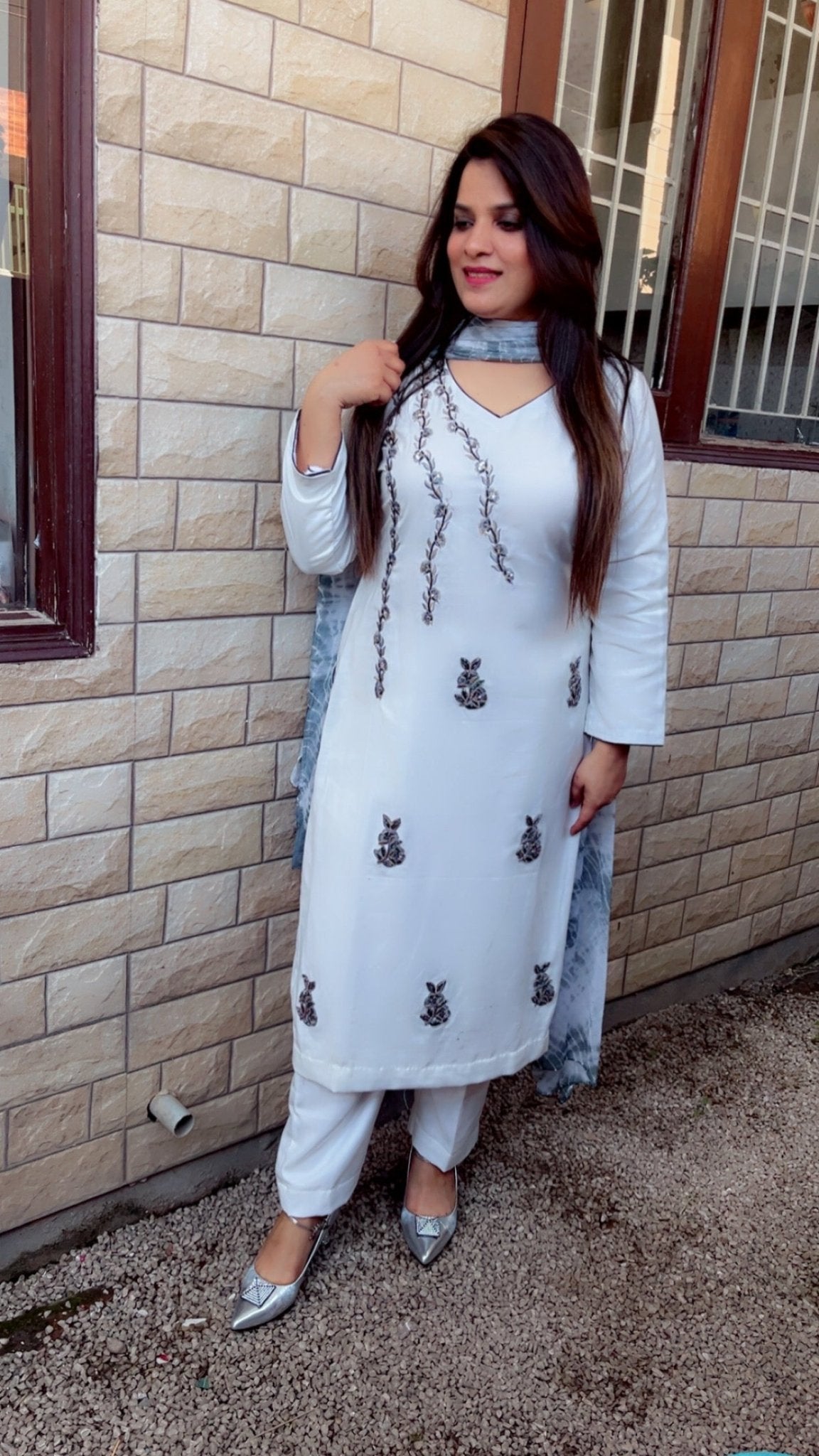 Formal Spun Embroidered and Patch - worked White Suit with Tie & Dye Dupatta - Kirti Kapoor Couture