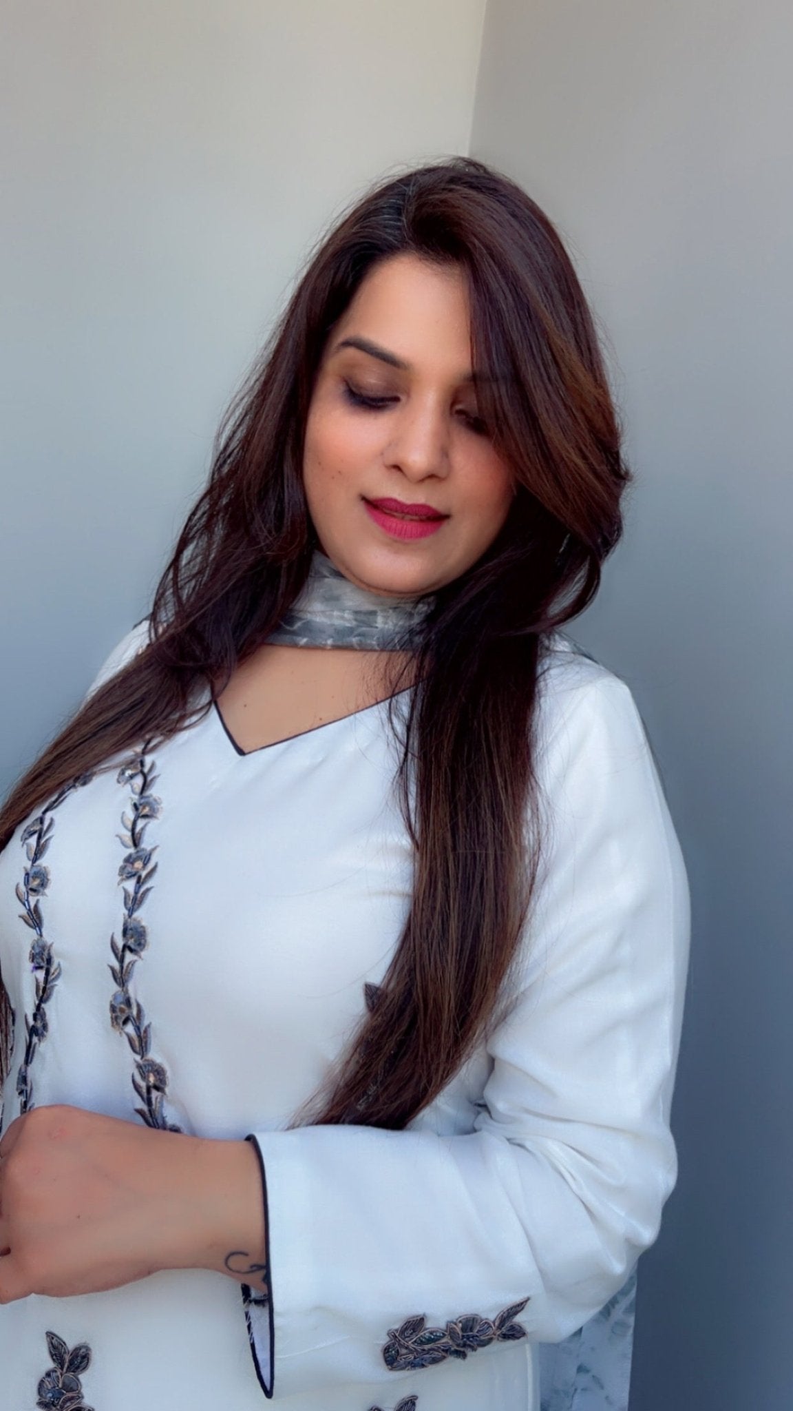 Formal Spun Embroidered and Patch - worked White Suit with Tie & Dye Dupatta - Kirti Kapoor Couture