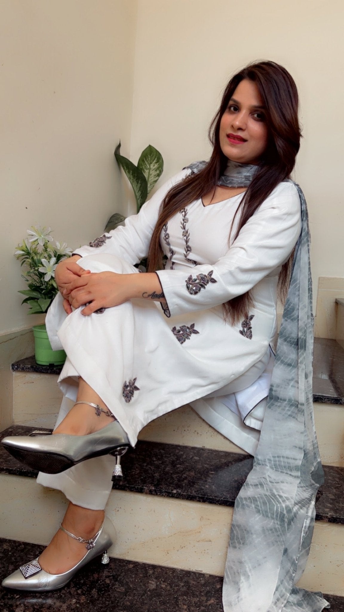 Formal Spun Embroidered and Patch - worked White Suit with Tie & Dye Dupatta - Kirti Kapoor Couture