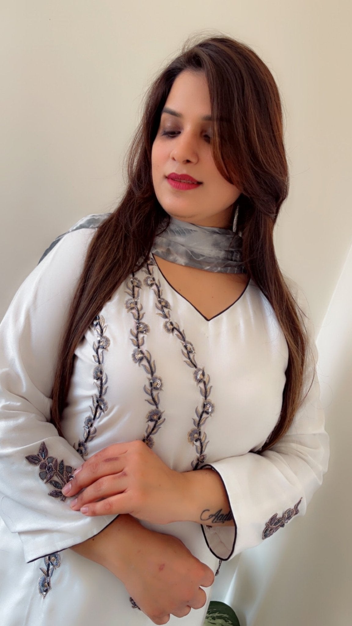Formal Spun Embroidered and Patch - worked White Suit with Tie & Dye Dupatta - Kirti Kapoor Couture