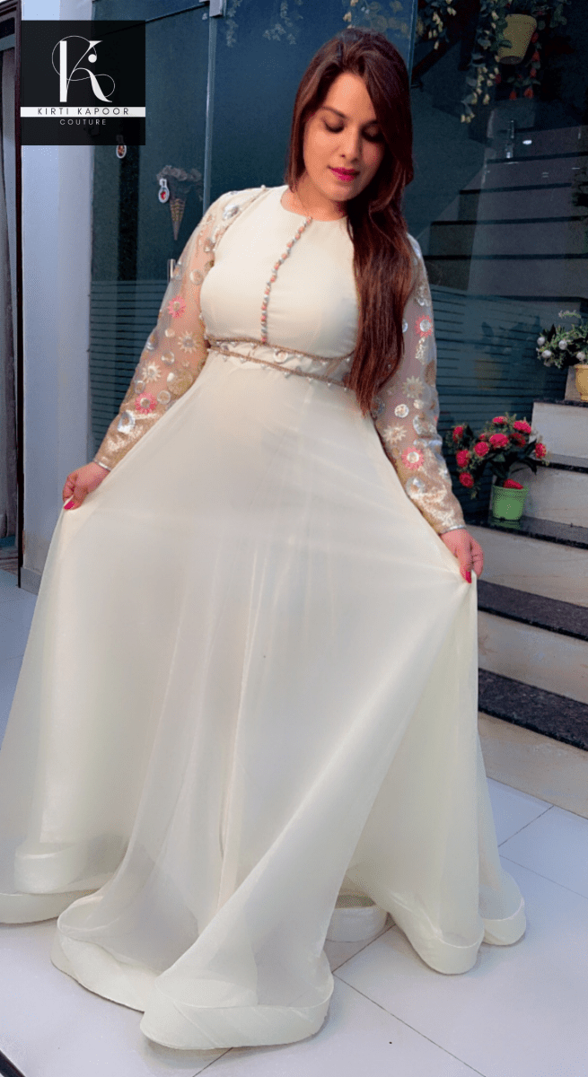 Georgette Flary Gown with Embroidered Net Fabric - Kirti Kapoor Couture