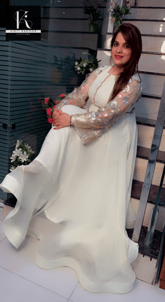 Georgette Flary Gown with Embroidered Net Fabric - Kirti Kapoor Couture