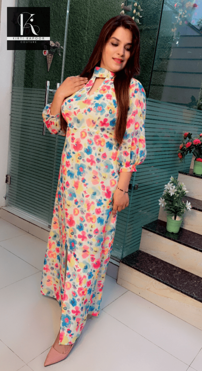 Georgette Floral Printed Sequence One - Piece Dress - Kirti Kapoor Couture