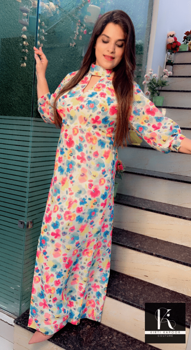 Georgette Floral Printed Sequence One - Piece Dress - Kirti Kapoor Couture
