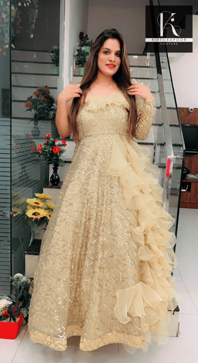 Golden Embroidered Ruffled Gown (Barbie Dress) by Kirti Kapoor - Kirti Kapoor Couture