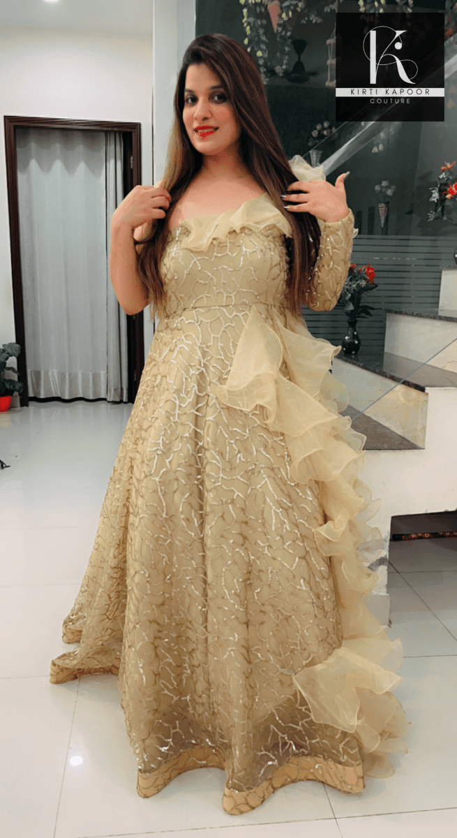 Golden Embroidered Ruffled Gown (Barbie Dress) by Kirti Kapoor - Kirti Kapoor Couture