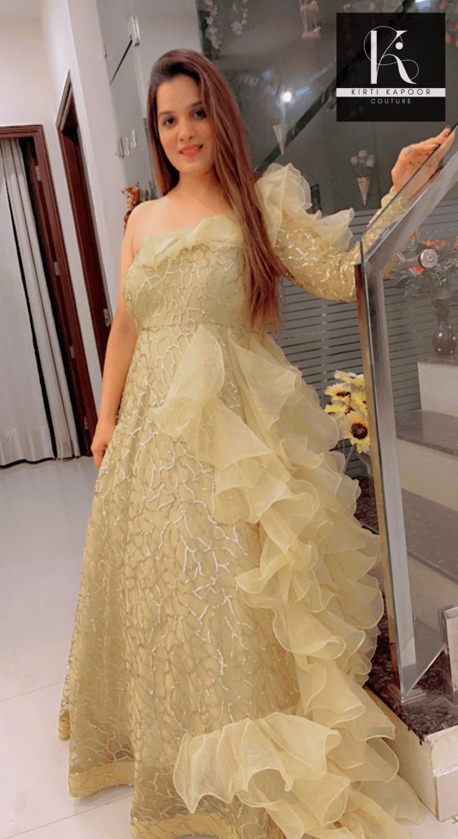 Golden Embroidered Ruffled Gown (Barbie Dress) by Kirti Kapoor - Kirti Kapoor Couture