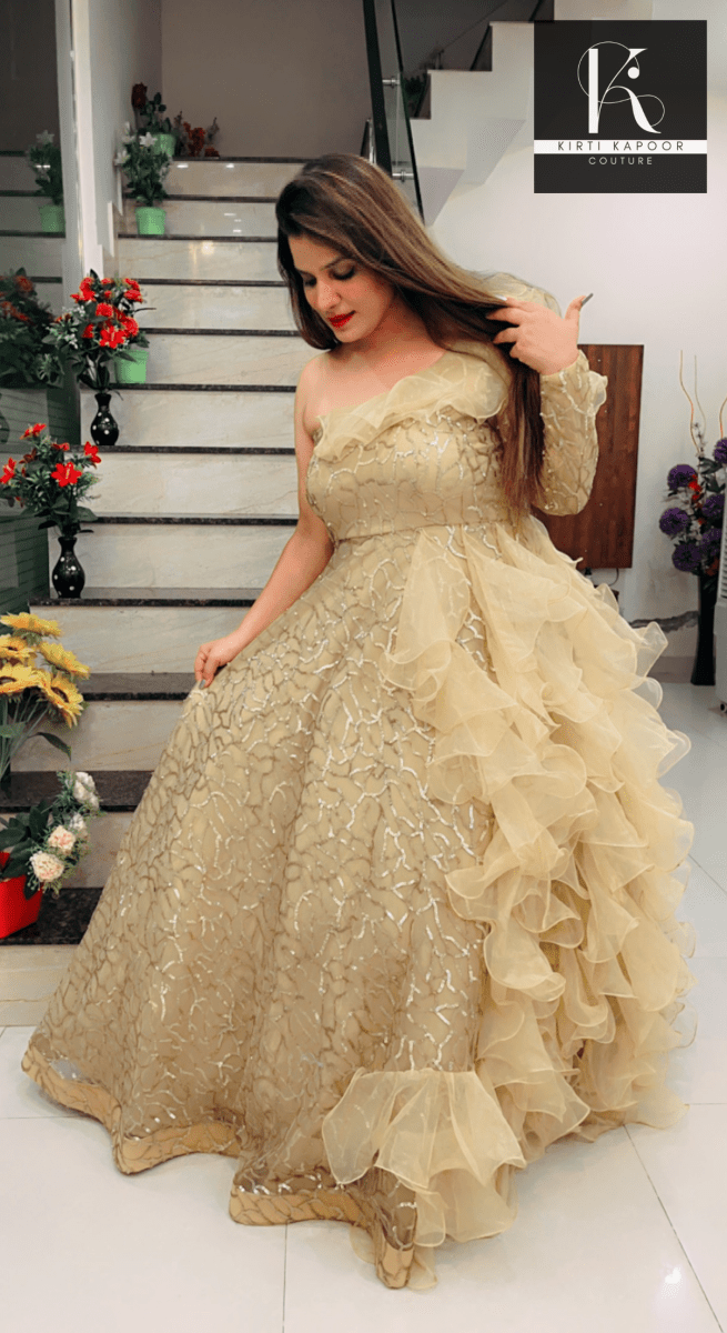 Golden Embroidered Ruffled Gown (Barbie Dress) by Kirti Kapoor - Kirti Kapoor Couture