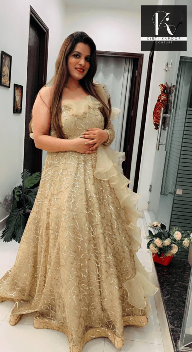 Golden Embroidered Ruffled Gown (Barbie Dress) by Kirti Kapoor - Kirti Kapoor Couture