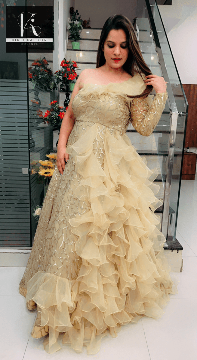 Golden Embroidered Ruffled Gown (Barbie Dress) by Kirti Kapoor - Kirti Kapoor Couture