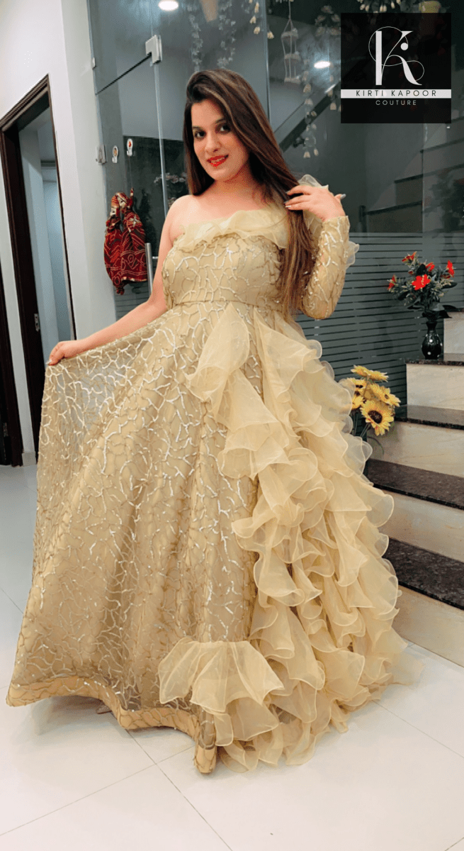 Golden Embroidered Ruffled Gown (Barbie Dress) by Kirti Kapoor - Kirti Kapoor Couture