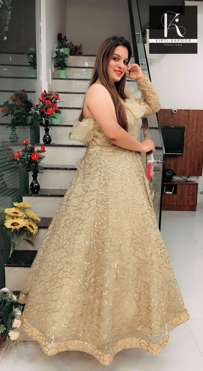Golden Embroidered Ruffled Gown (Barbie Dress) by Kirti Kapoor - Kirti Kapoor Couture