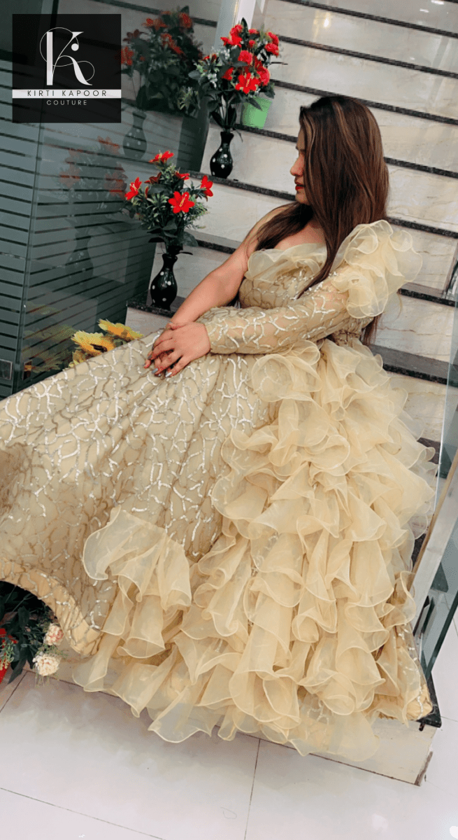 Golden Embroidered Ruffled Gown (Barbie Dress) by Kirti Kapoor - Kirti Kapoor Couture