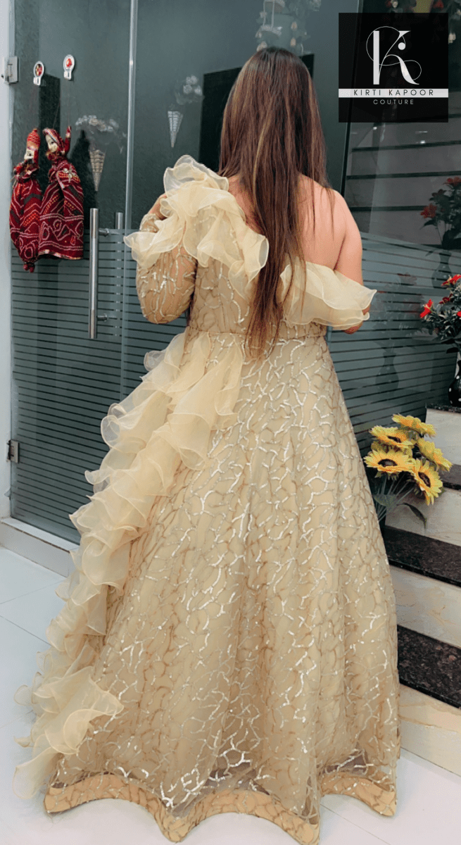 Golden Embroidered Ruffled Gown (Barbie Dress) by Kirti Kapoor - Kirti Kapoor Couture