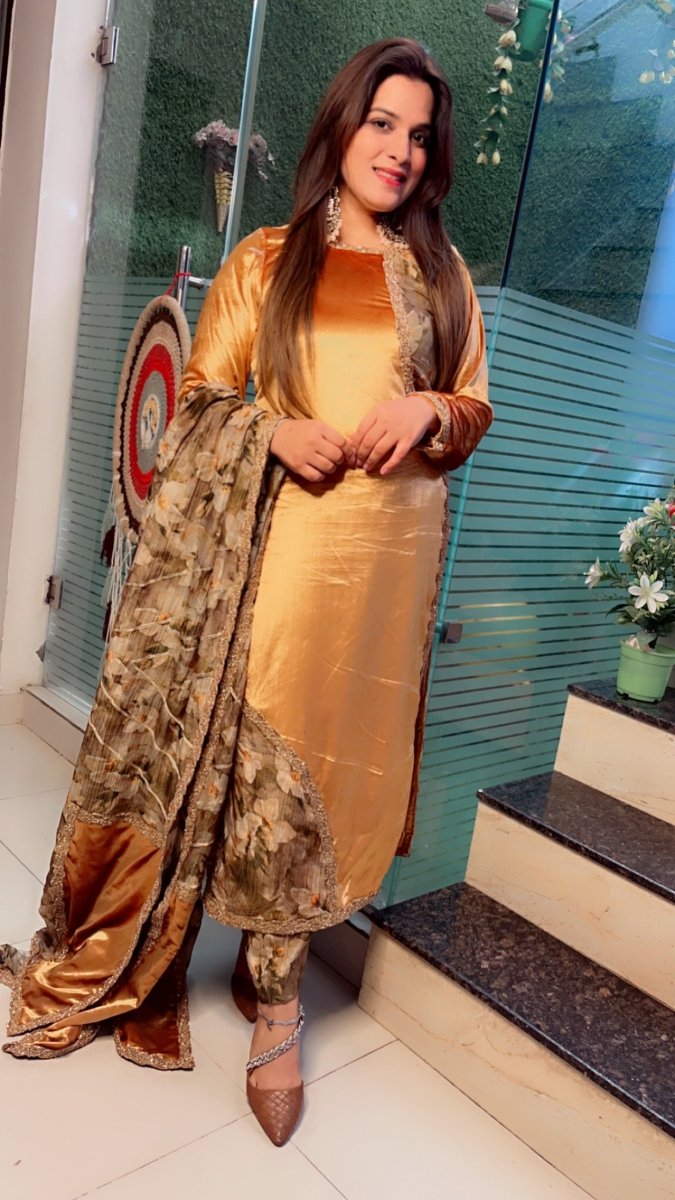 Golden Silk Velvet and Crsuhed Shimmer Suit - Kirti Kapoor Couture