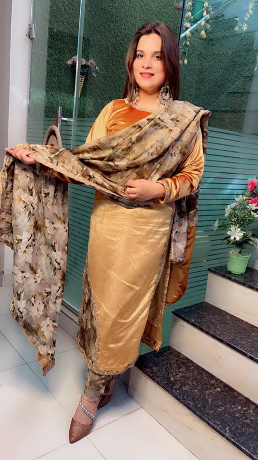 Golden Silk Velvet and Crsuhed Shimmer Suit - Kirti Kapoor Couture