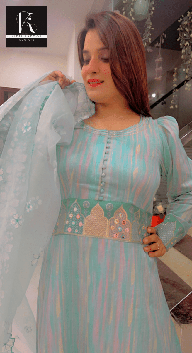 Gorgeous A - line Suit With Embroidered Organza Dupatta - Kirti Kapoor Couture
