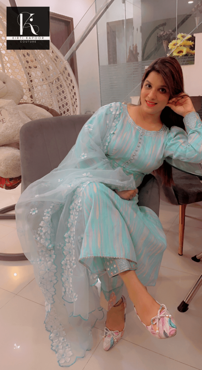 Gorgeous A - line Suit With Embroidered Organza Dupatta - Kirti Kapoor Couture