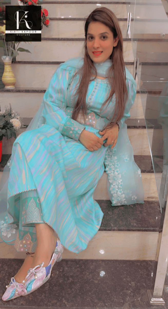 Gorgeous A - line Suit With Embroidered Organza Dupatta - Kirti Kapoor Couture