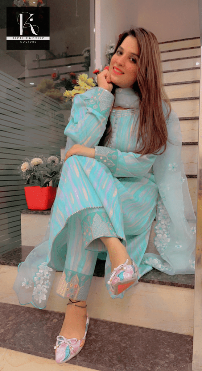 Gorgeous A - line Suit With Embroidered Organza Dupatta - Kirti Kapoor Couture