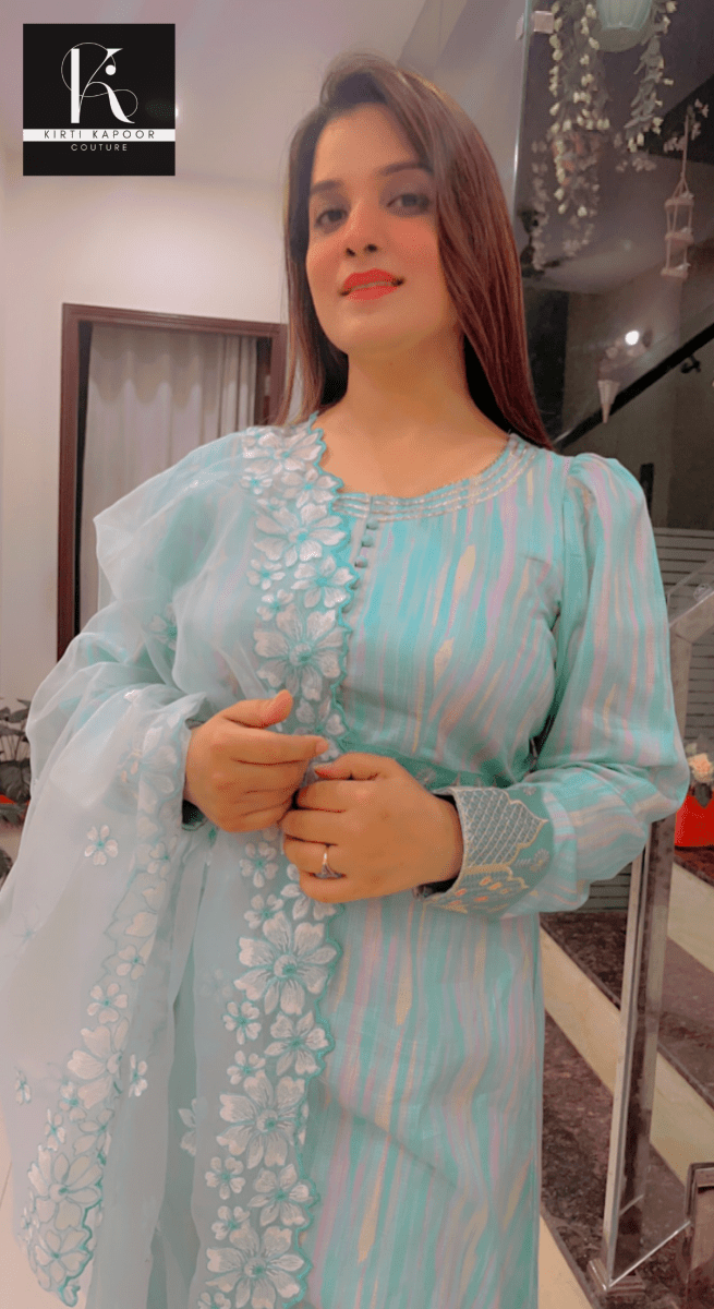Gorgeous A - line Suit With Embroidered Organza Dupatta - Kirti Kapoor Couture