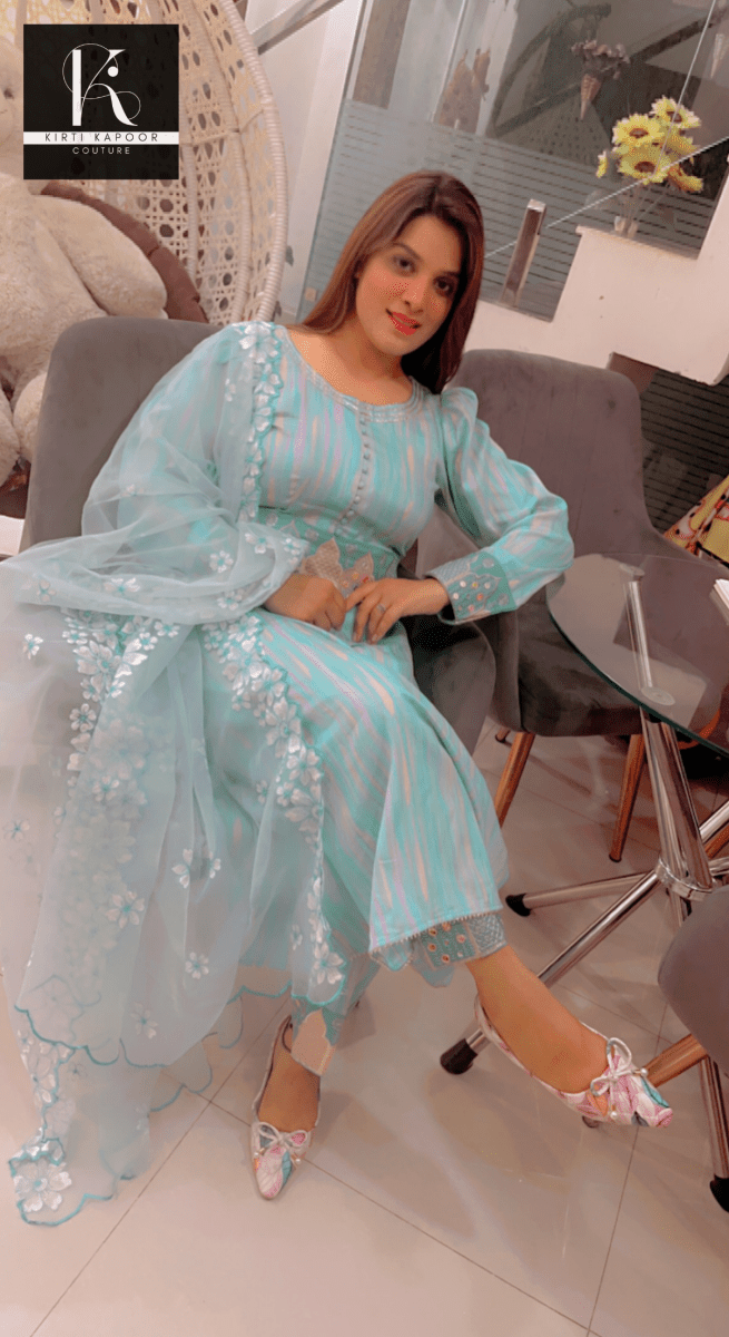 Gorgeous A - line Suit With Embroidered Organza Dupatta - Kirti Kapoor Couture
