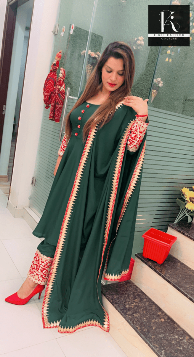 Green Anarkali Suit with Red Highlighting - Kirti Kapoor Couture