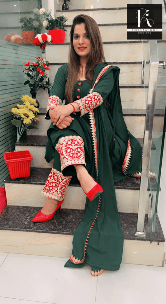 Green Anarkali Suit with Red Highlighting - Kirti Kapoor Couture