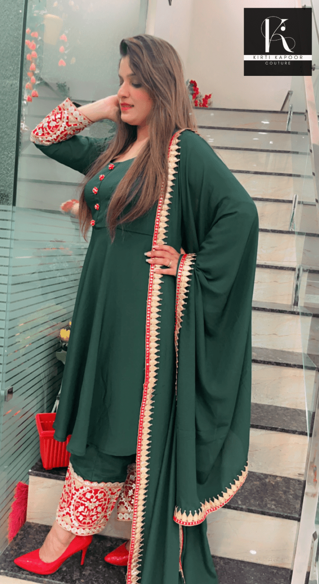 Green Anarkali Suit with Red Highlighting - Kirti Kapoor Couture