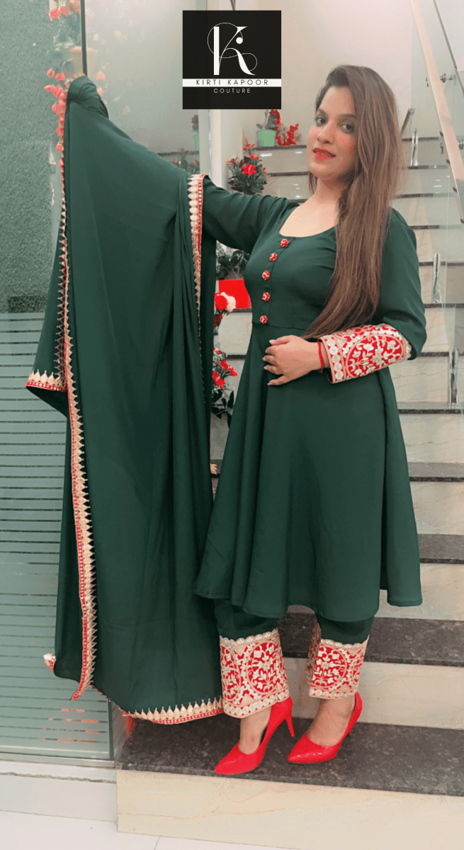 Green Anarkali Suit with Red Highlighting - Kirti Kapoor Couture