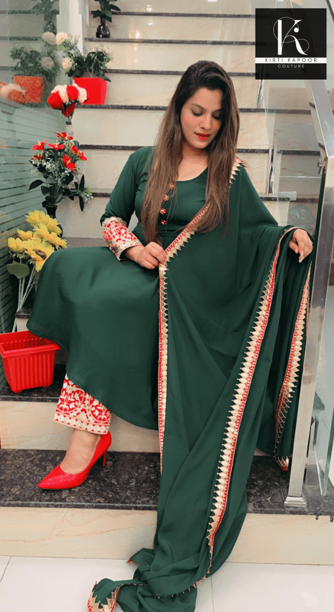 Green Anarkali Suit with Red Highlighting - Kirti Kapoor Couture