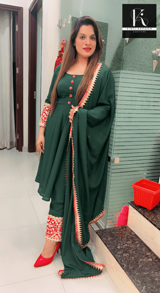 Green Anarkali Suit with Red Highlighting - Kirti Kapoor Couture