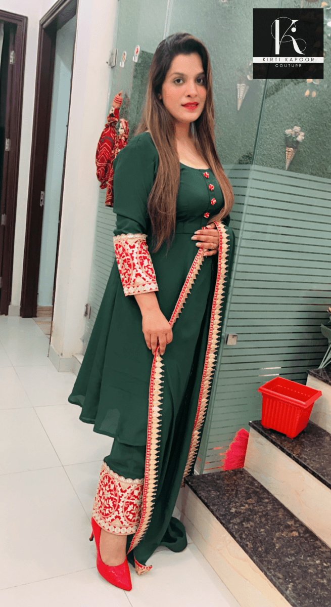 Green Anarkali Suit with Red Highlighting - Kirti Kapoor Couture