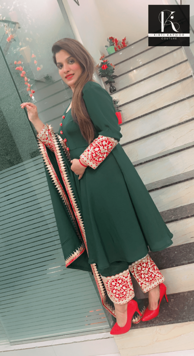 Green Anarkali Suit with Red Highlighting - Kirti Kapoor Couture