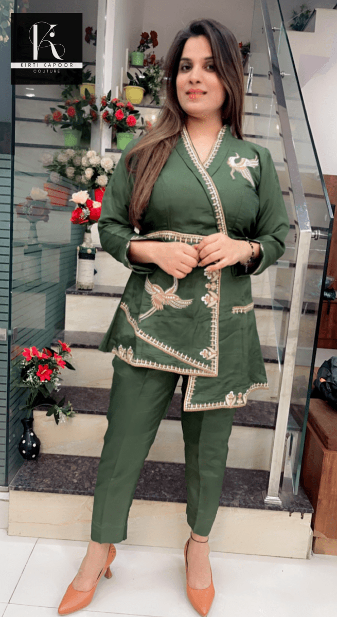 Green Embroidered Co - ord Set (Up - down Shirt & Pant) - Kirti Kapoor Couture
