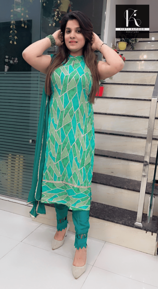 Green Geometrical Printed Suit - Kirti Kapoor Couture