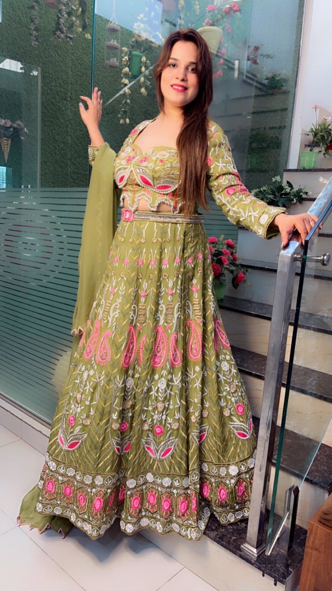 Green Hand - Embroidered Lehenga Choli (Mehndi Outfit) - Kirti Kapoor Couture