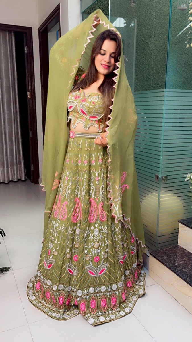 Green Hand - Embroidered Lehenga Choli (Mehndi Outfit) - Kirti Kapoor Couture