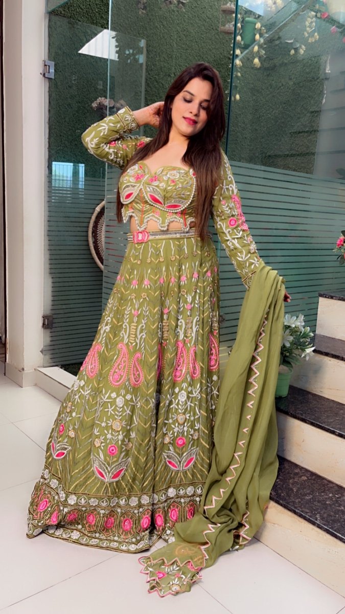 Green Hand - Embroidered Lehenga Choli (Mehndi Outfit) - Kirti Kapoor Couture