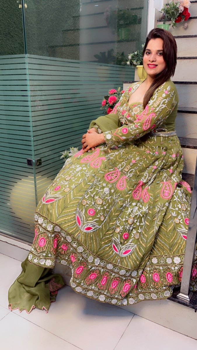 Green Hand - Embroidered Lehenga Choli (Mehndi Outfit) - Kirti Kapoor Couture