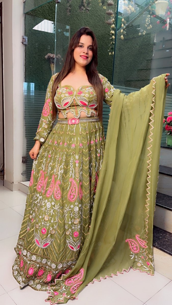 Green Hand - Embroidered Lehenga Choli (Mehndi Outfit) - Kirti Kapoor Couture